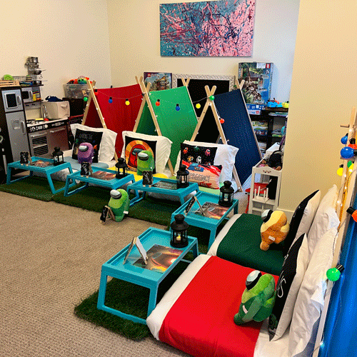 Among Us themed sleepover fort party setup