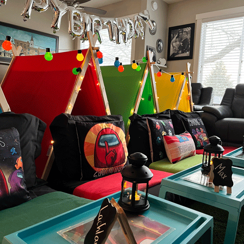 Among Us themed sleepover fort party setup