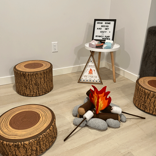 Camp Out themed sleepover fort party setup