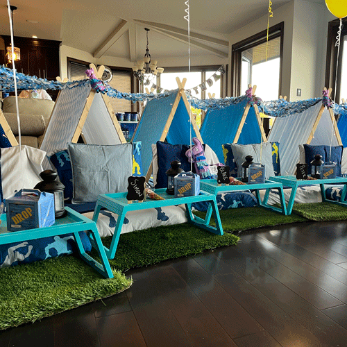 Fortnite themed sleepover fort party setup