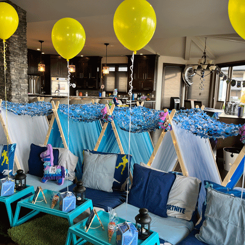Fortnite themed sleepover fort party setup