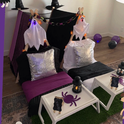 Halloween themed sleepover fort party setup