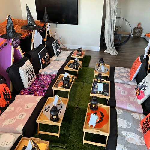 Halloween themed sleepover fort party setup