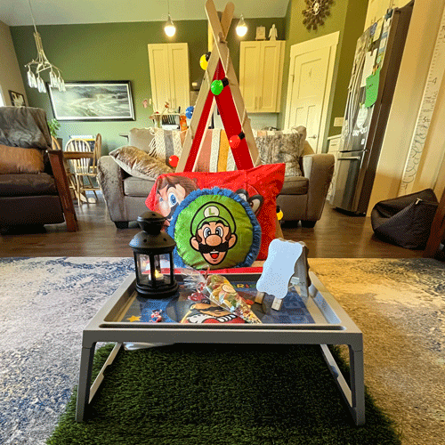 Mario Brothers themed sleepover fort party setup