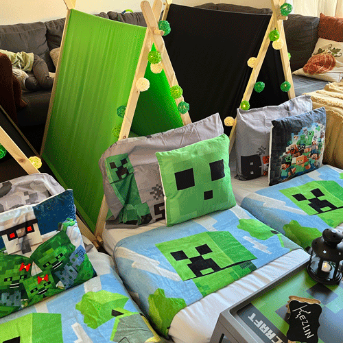 Minecraft themed sleepover fort party setup