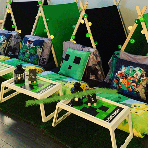 Minecraft themed sleepover fort party setup