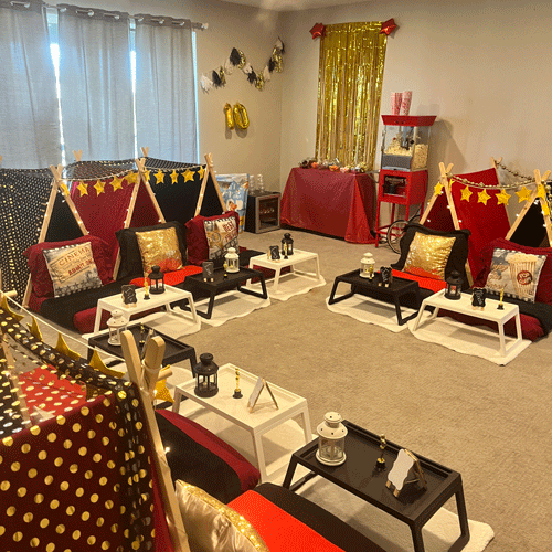 Movie Night themed sleepover fort party setup