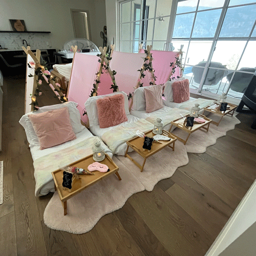 Pamper themed sleepover fort party setup