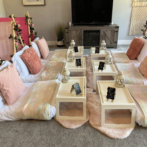 Pamper themed sleepover fort party setup