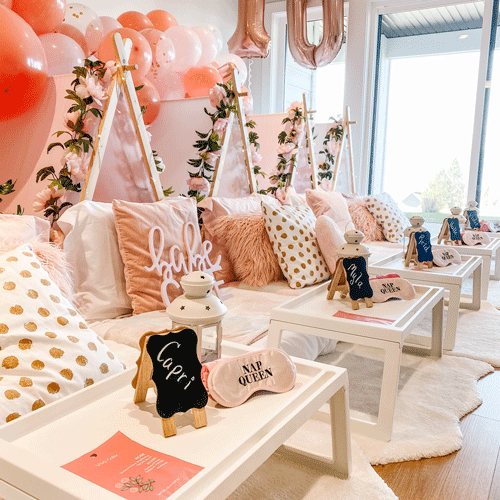 Pamper themed sleepover fort party setup