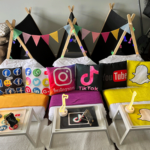 Social Media themed sleepover fort party setup