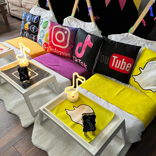 Social Media themed sleepover fort party setup