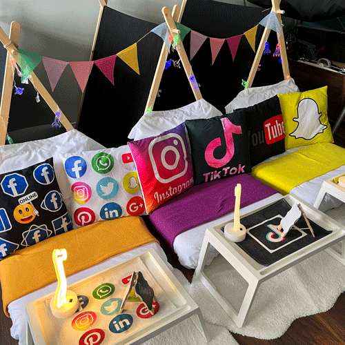 Social Media themed sleepover fort party setup
