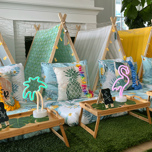 Tropical Vacation themed sleepover fort party setup