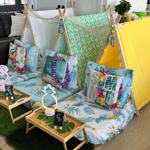 Tropical Vacation themed sleepover fort party setup